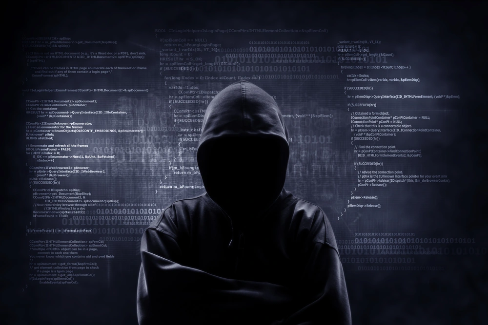 © releon8211 / Adobe Stock Mann mit Kapuze und Gesicht im Schatten vor Computerdatenreihen